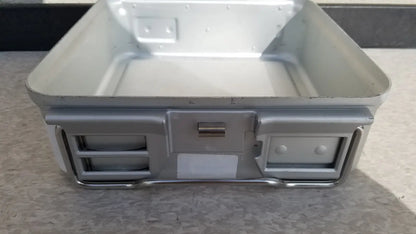 Silver metallic rectangular aesculap sterilization container without lid with two side compartments for sterilization use
