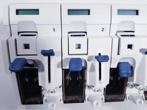 White laboratory affymetrix genechip fluidics station 450 with blue handles and digital displays for precise fluidics control