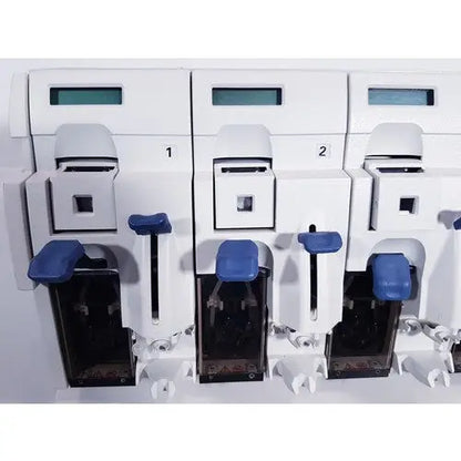 White laboratory affymetrix genechip fluidics station 450 with blue handles and digital displays for precise fluidics control