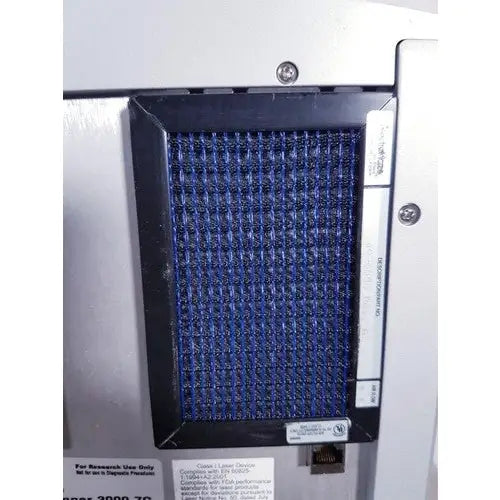 Blue mesh filter with black frame mounted in metallic housing for affymetrix genechip scanner 3000 reuse medical device