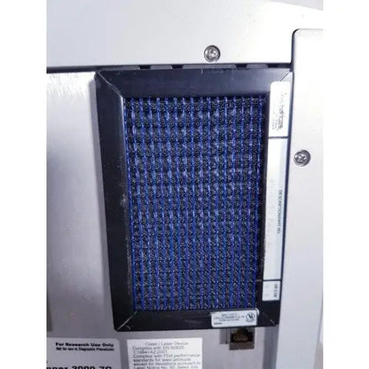 Blue mesh filter with black frame mounted in metallic housing for affymetrix genechip scanner 3000 reuse medical device