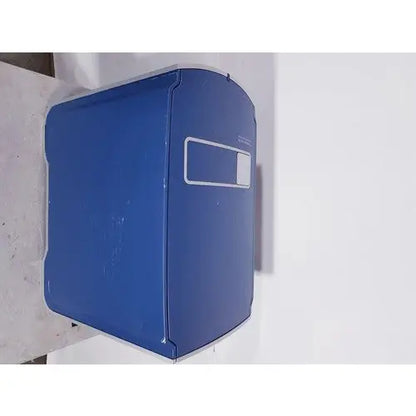 Blue plastic box with white rectangular label front used in affymetrix genechip scanner 3000 for reuse medical purposes