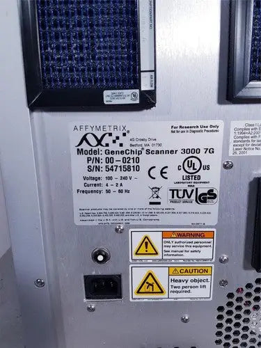 Affymetrix genechip scanner 3000 silver metallic device with black labeling and certification stickers for gene analysis