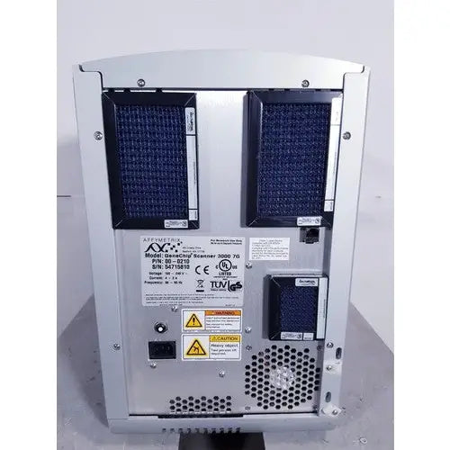 Silver metallic affymetrix genechip scanner 3000 server rack with blue mesh ventilation and black power supply unit