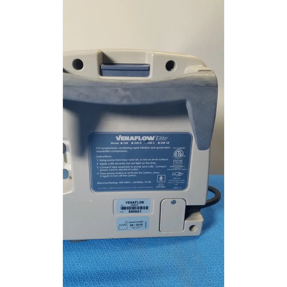 Gray plastic aircast venaflow elite dvt prophylaxis pump model 30bs with blue label and black power cord