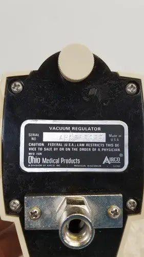 Black plastic airco vacuum regulator with white knob and metallic fittings for precise vacuum control