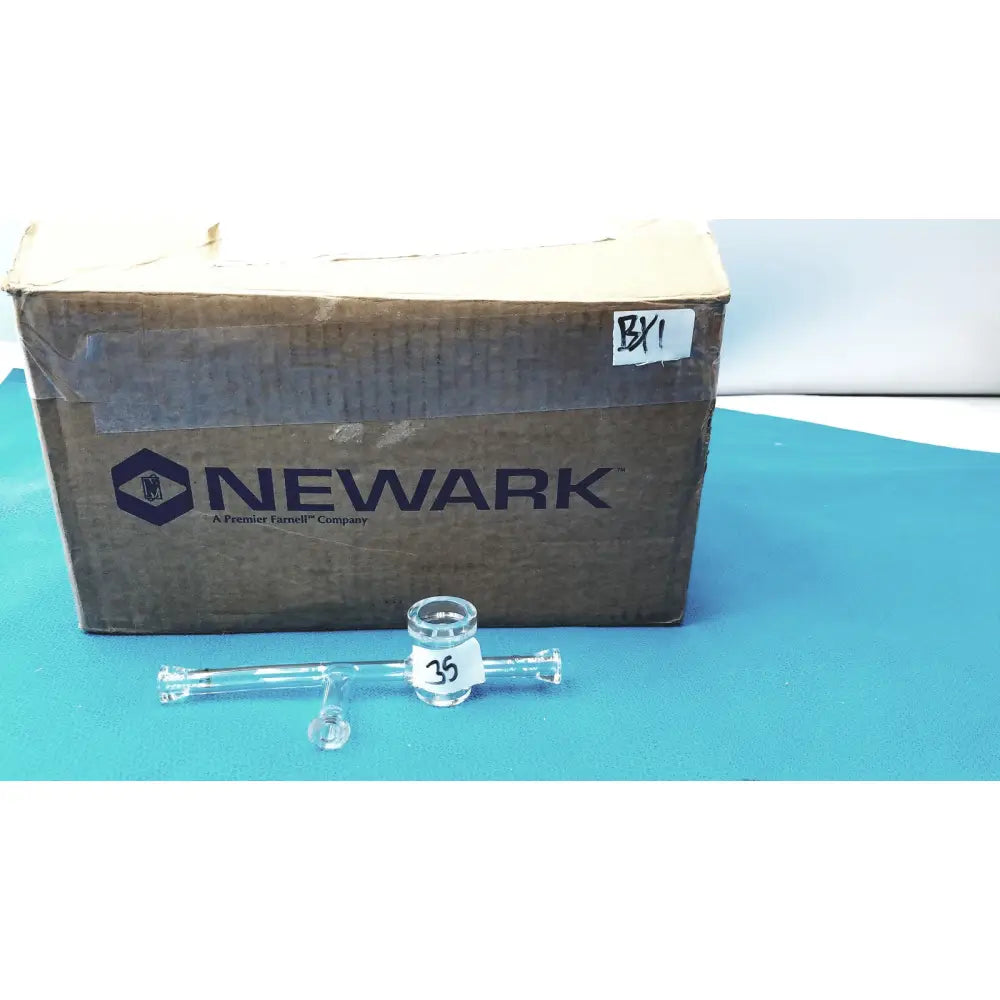 Clear glass airfree flushing adapter with labeled connector for schlenk line glassware lab inert gas transfer use