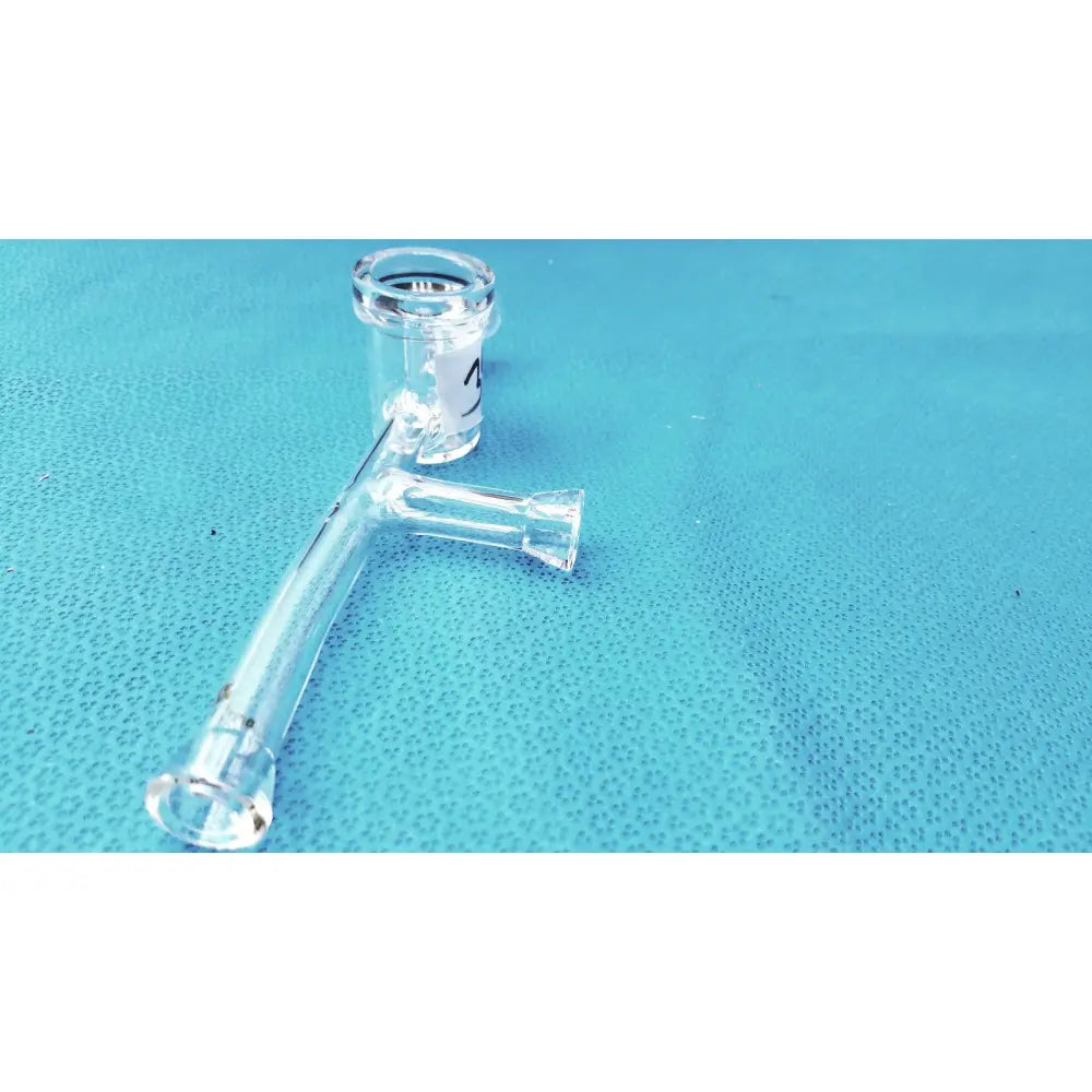 Clear glass airfree flushing adapter with curved arm and cylindrical bowl for schlenk line glassware lab use