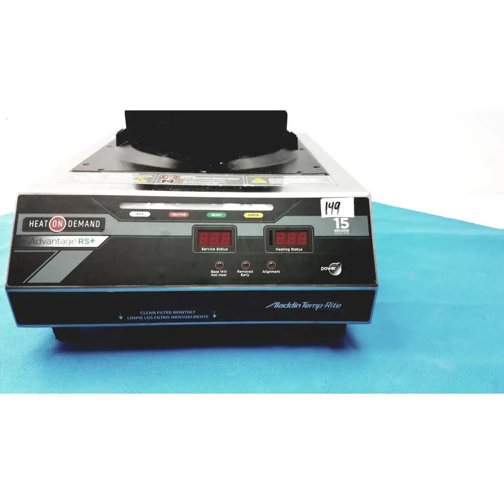 Black and silver aladdin temp-rite demand advantage plate heater with digital displays and heat on demand control panel