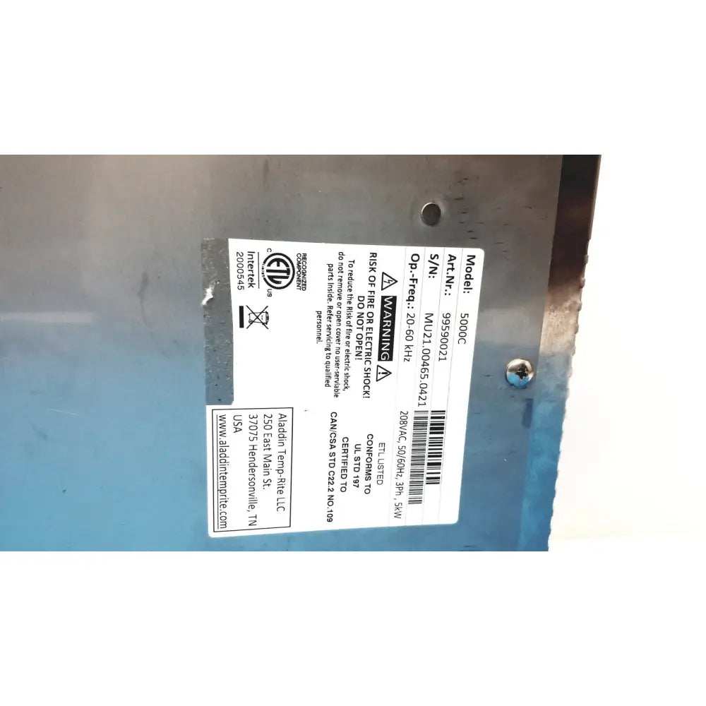 Blue metal industrial control panel on aladdin temp-rite heat demand advantage rs plus plate heater with model 500cc label