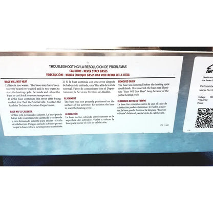White paper label with bilingual troubleshooting instructions on the back of aladdin temp-rite heat on demand advantage rs+ plate heater