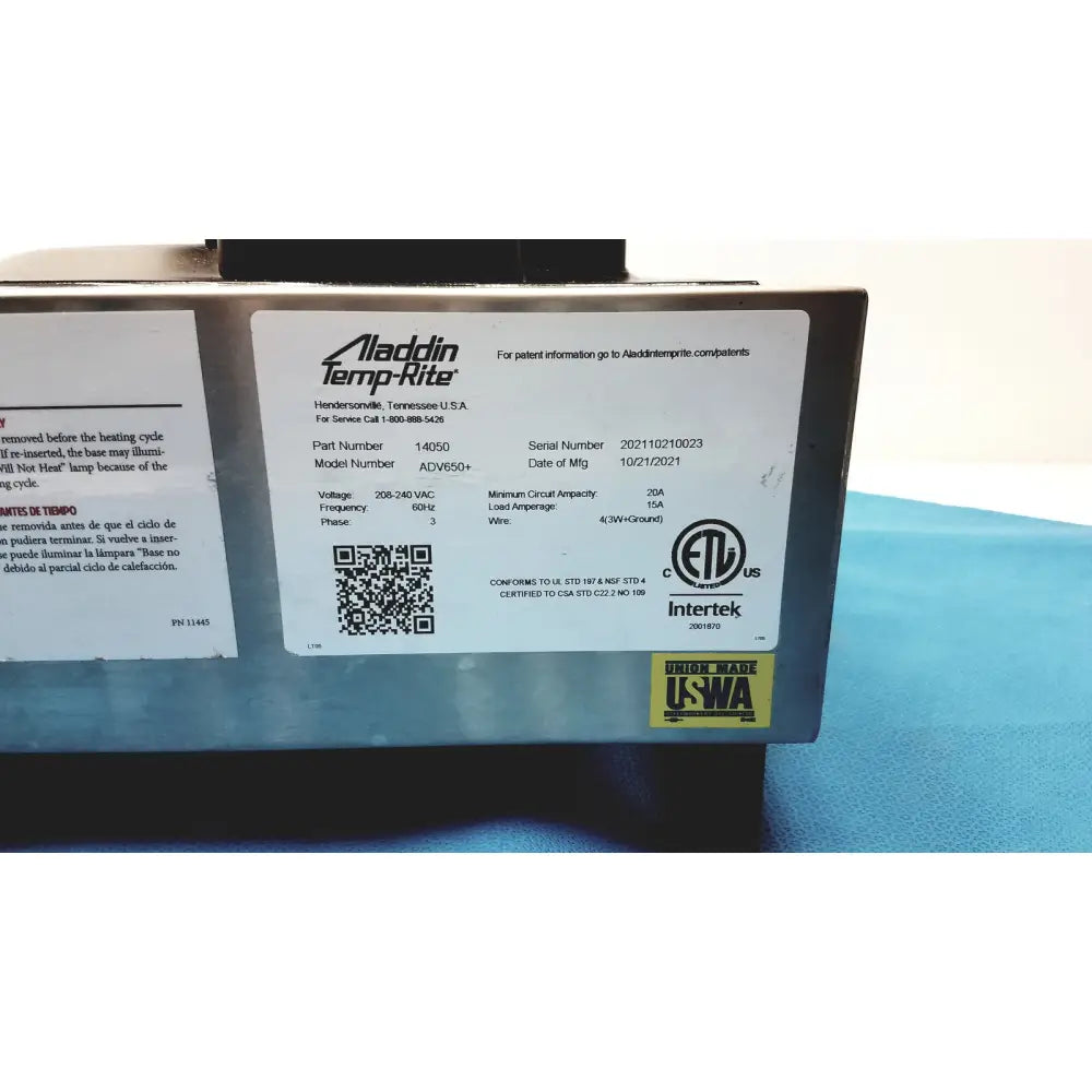 Aladdin temp-rite heat on demand advantage rs+ plate heater with metallic gray finish and labeled front specifications
