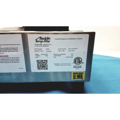 Aladdin temp-rite heat on demand advantage rs+ plate heater with metallic gray finish and labeled front specifications