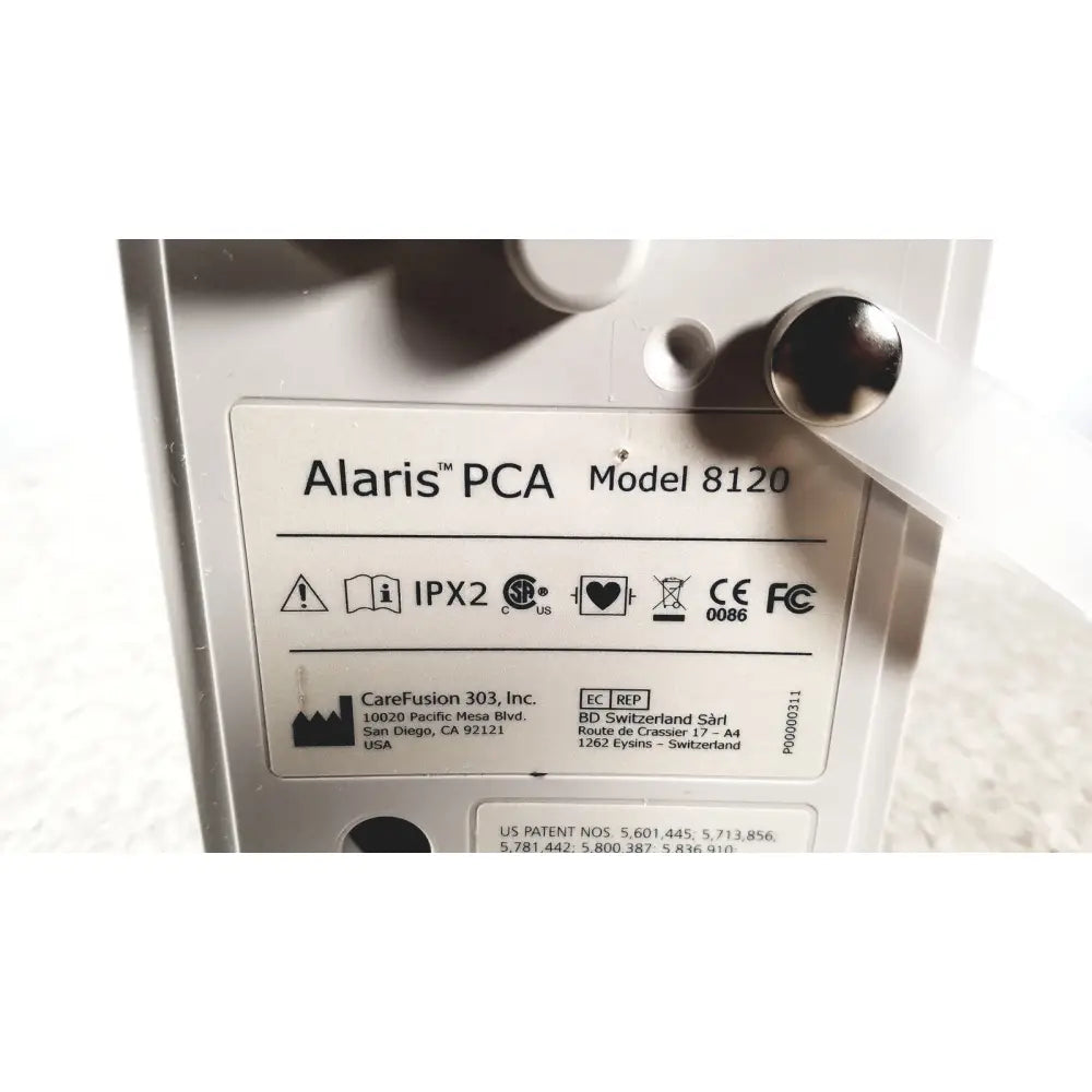 Silver alariis pca model 8120 medical device back with certification labels and manufacturer information without keys