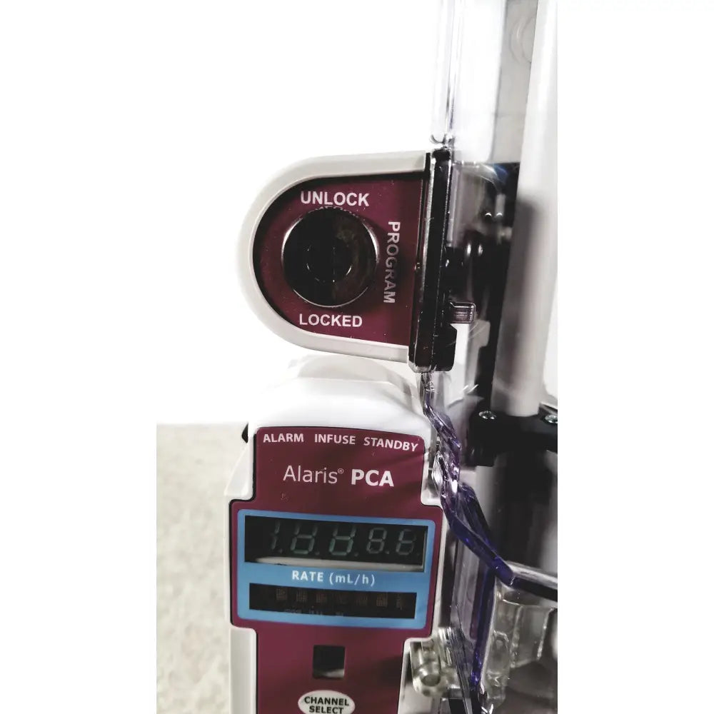 White and maroon alariis pca model 8120 infusion pump with digital display showing 18.8 ml/h rate for reuse medical use