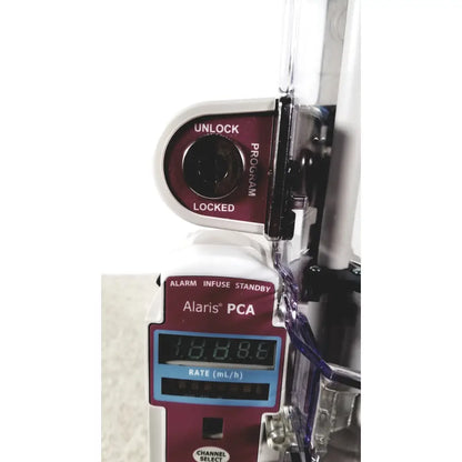 White and maroon alariis pca model 8120 infusion pump with digital display showing 18.8 ml/h rate for reuse medical use