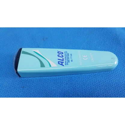 Light blue plastic clean remote cr2bb with black end cap and white-green alco logo for medical healthcare use