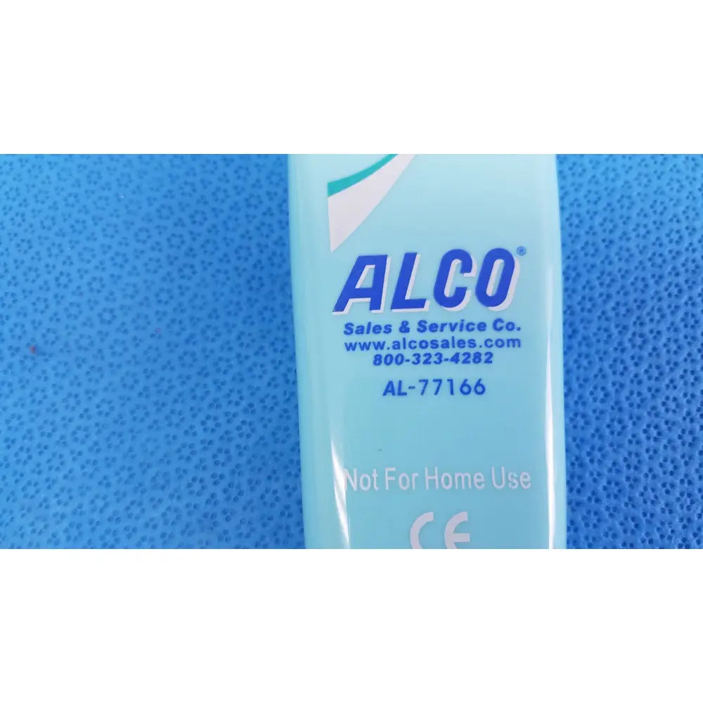 Light blue plastic tube labeled alco with contact info and not for home use text for clean remote cr2bb medical healthcare use