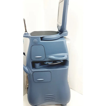 Blue alcon infiniti vision phacoemulsification surgical unit with monitor control panel and attached transducer