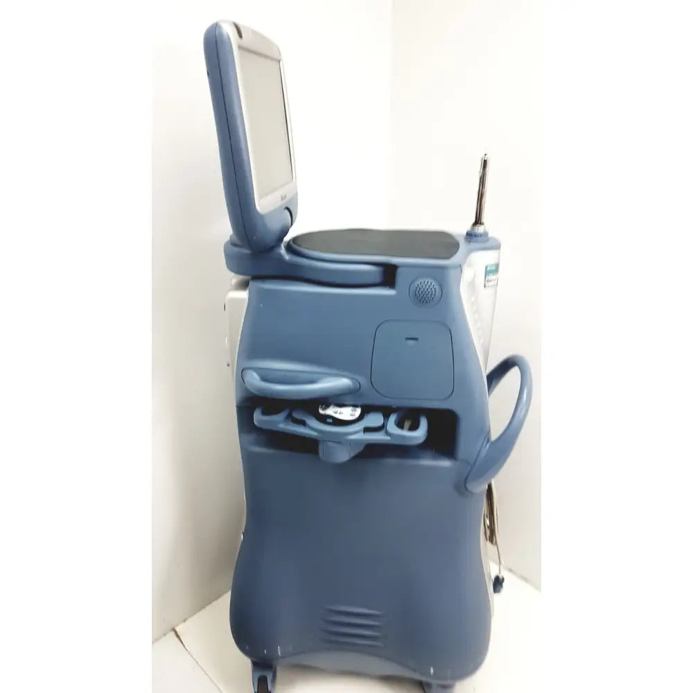 Blue portable ultrasound machine with monitor handle and wheels for phacoemulsification by alcon infiniti vision system