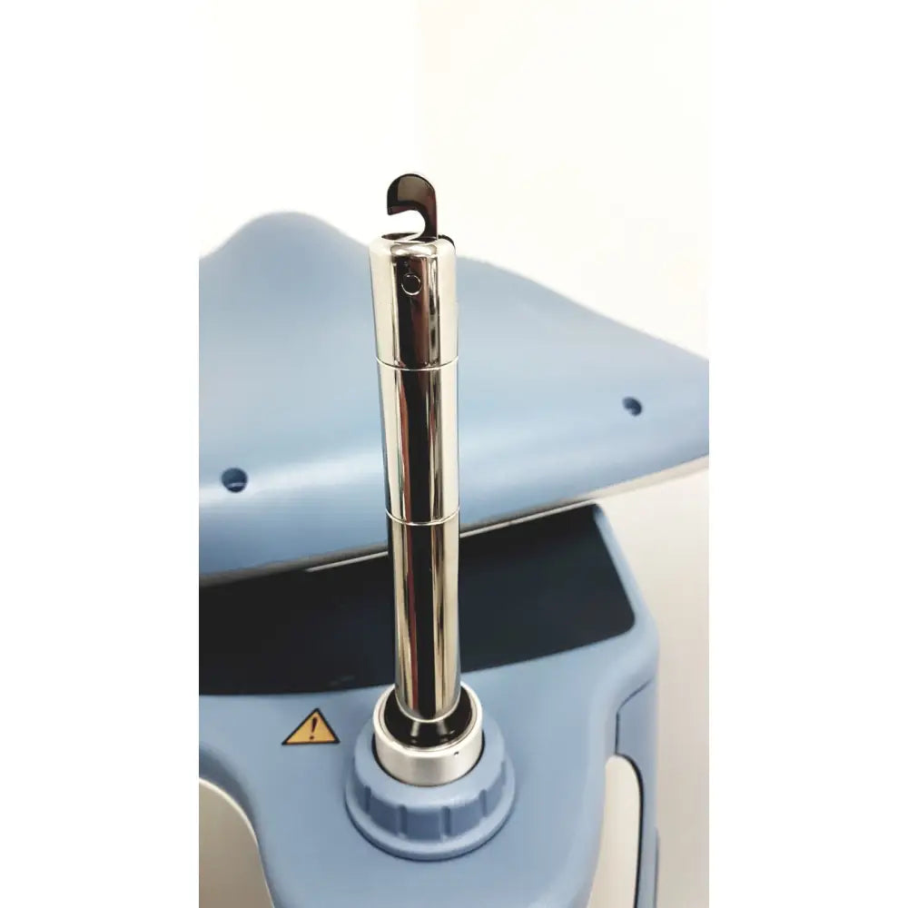 Shiny chrome cylindrical rod with curved hook on light blue base of alcon infiniti vision phacoemulsification unit