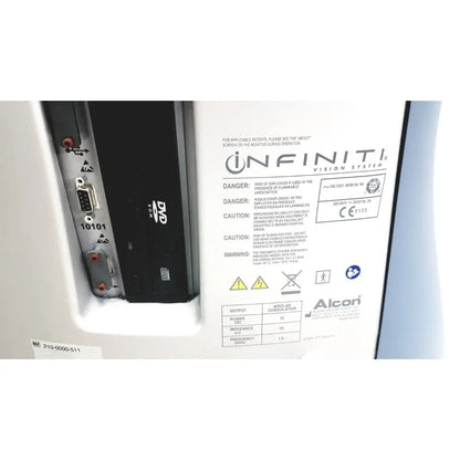 White alcon infiniti vision system monitor with black side panel and ports for phacoemulsification surgical unit