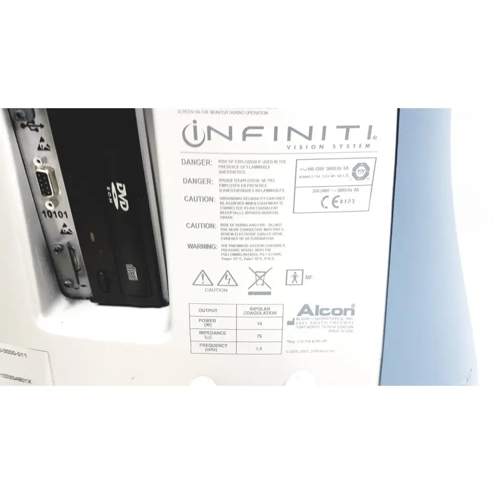 Alcon Infiniti vision system model 210-0000-511 back side with black silver metallic ports white label reuse medical device