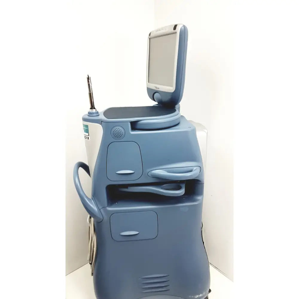 Blue alcon infiniti vision ultrasound machine with monitor and handle model 210-0000-511 for medical imaging