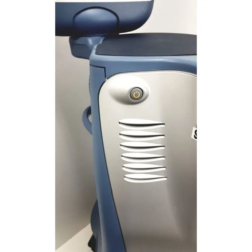 Blue and silver alcon infiniti vision system model 210-0000-511 medical imaging machine showing power button and vents