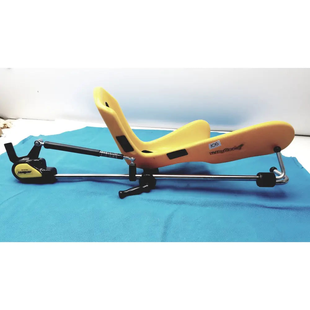 Yellow plastic and metal adjustable reclining exercise chair with black accents from allen medical yellofins elite series