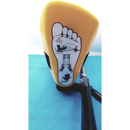 Yellow foot-shaped massage device with black accents and white reflexology diagram for allen medical yellofins elite stirrups