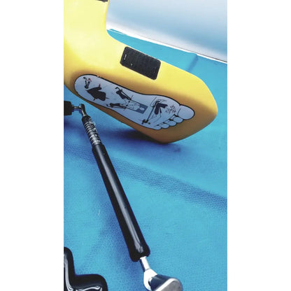 Yellow plastic allen medical yellofins elite lift-assist stirrups with black adhesive patch and white feet diagram