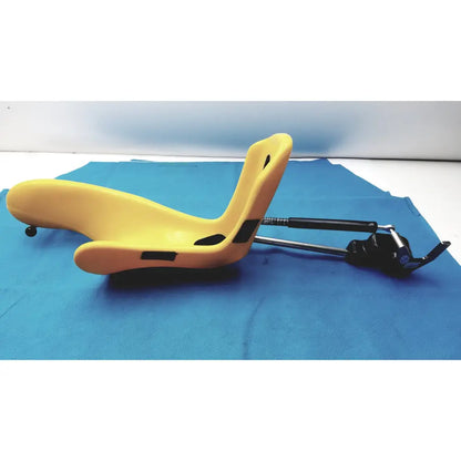 Yellow plastic orthopedic seating device with black metal adjustment mechanism in allen medical yellofins elite lift-assist stirrups