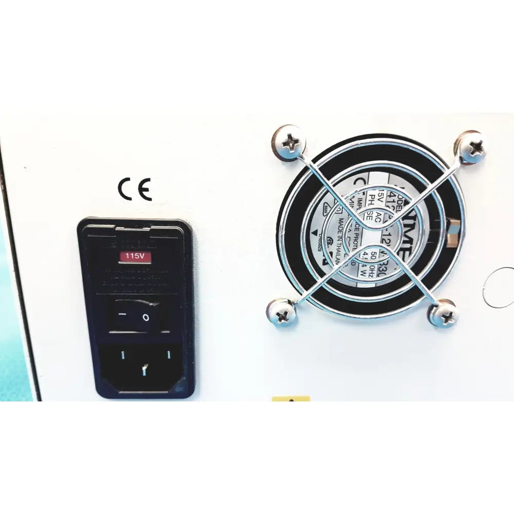 Black plastic power switch with 115v label and three-prong plug on back of Alltech 301 pump hplc laboratory chromatography unit next to silver fan grille