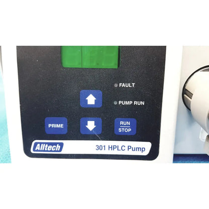 Alltech 301 pump hplc laboratory chromatography unit with black control panel and blue function buttons above green display