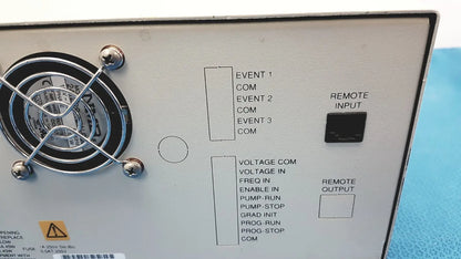 White alltech 301 pump hplc laboratory control panel with black labeled ports and circular fan on the left side back view