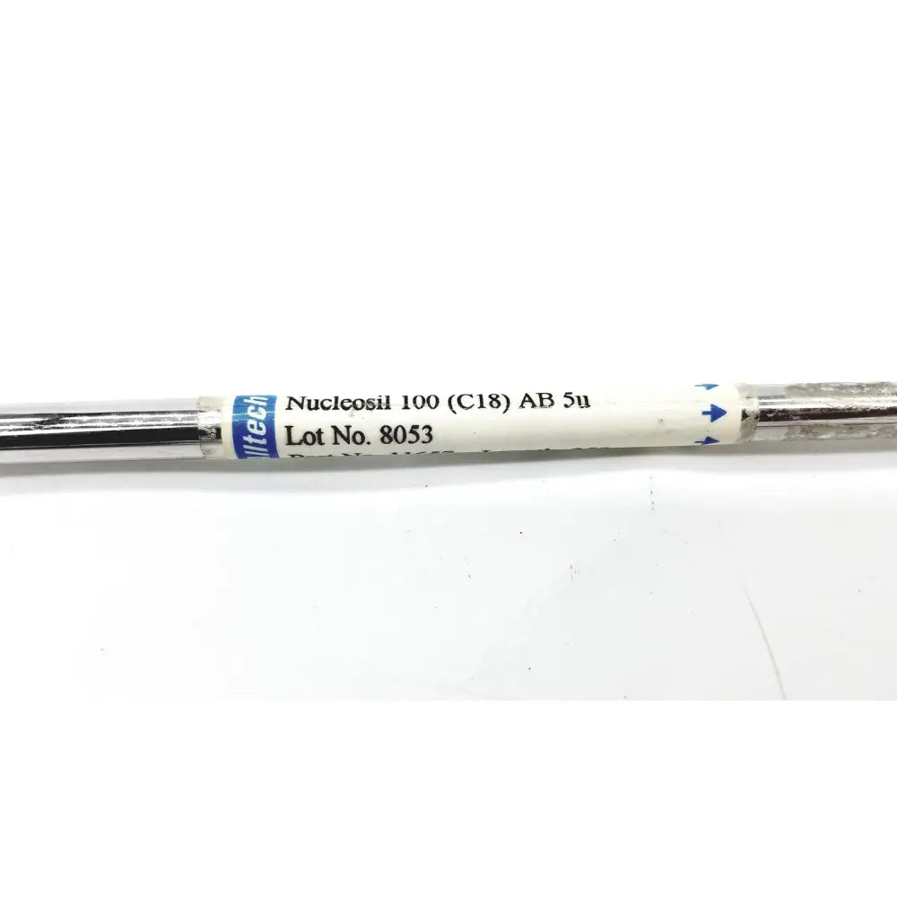 Silver-colored alltech nucleosil 100 c18 ab 5µ chromatography column length 250mm with white label and blue text arrows