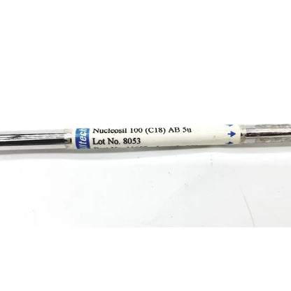 Silver-colored alltech nucleosil 100 c18 ab 5µ chromatography column length 250mm with white label and blue text arrows