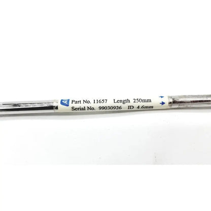 Silver-colored metal chromatography column rod alltech nucleosil 100 c18 ab 5u part no length 250mm with white label