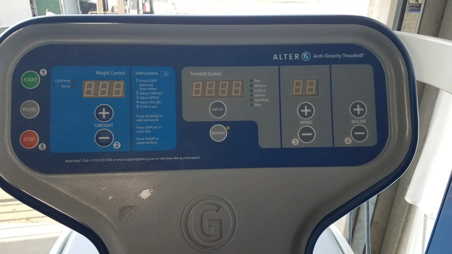 Blue and gray control panel of alter g m320 anti-gravity treadmill with adjustable body-weight support features