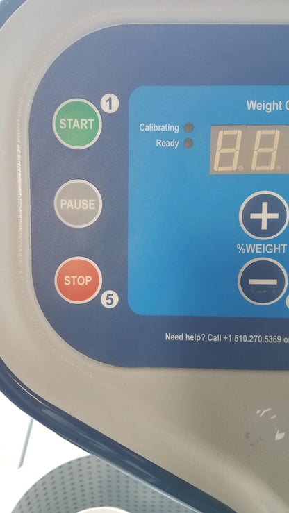 Blue and gray digital control panel with green gray and red buttons on alter g m320 anti-gravity treadmill with adjustable body-weight support