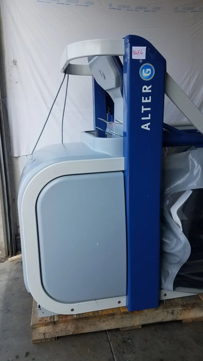 Blue and white Alter G M320 anti-gravity treadmill with adjustable body-weight support and sleek modern design