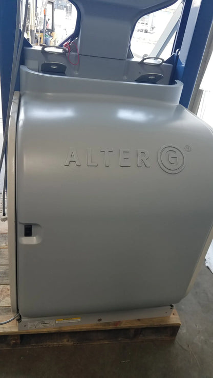 Gray Alter G M320 anti-gravity treadmill with sleek industrial design and adjustable body-weight support branding embossed