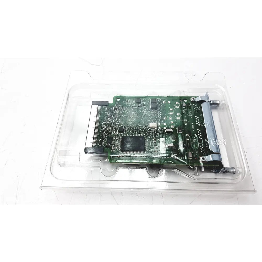 Green altera stratix ii cisco vwic3 circuit board with silver connectors and black components in clear plastic packaging