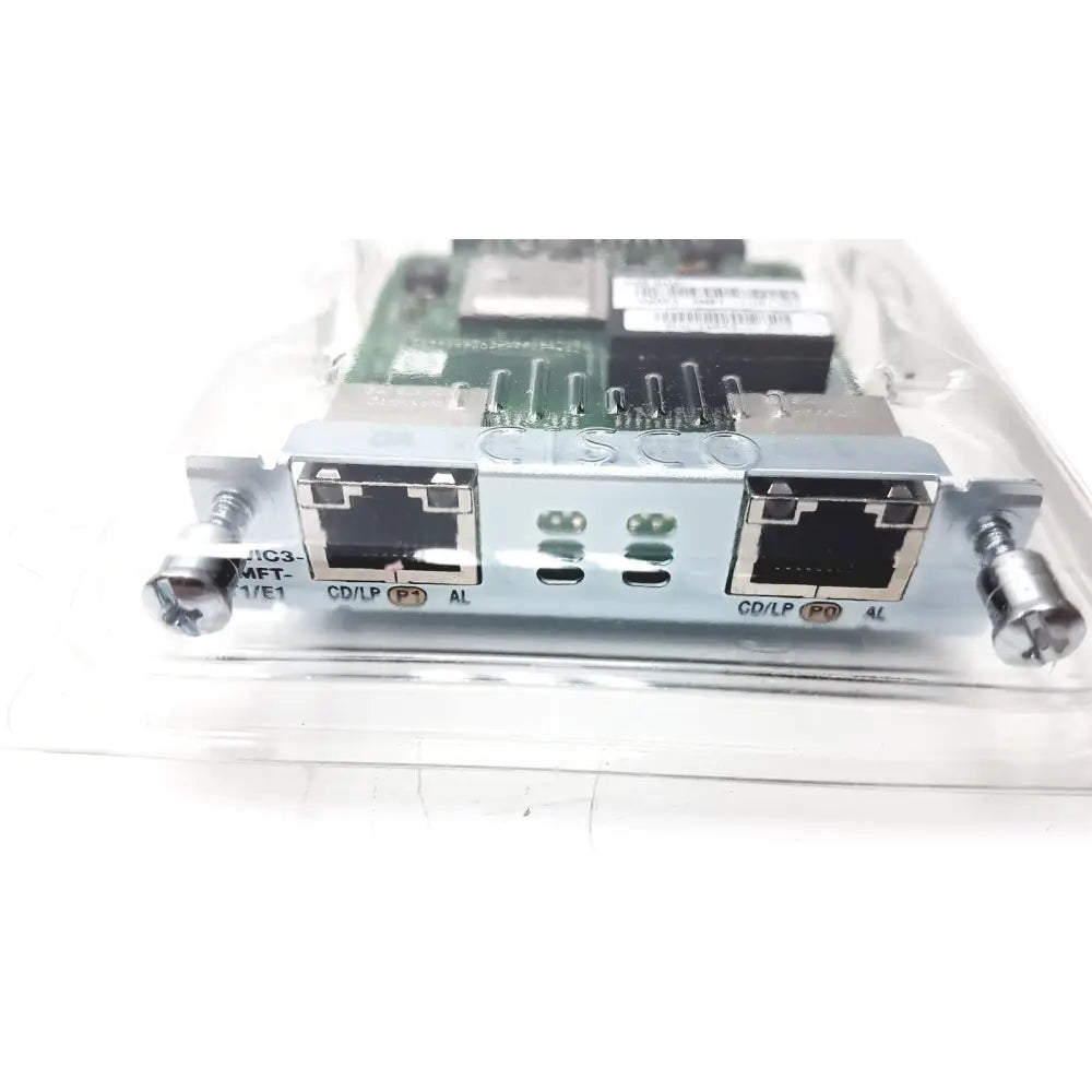 Silver altera stratix ii cisco vwic3 network interface card with two ethernet ports and labeled connectors for wan voice use