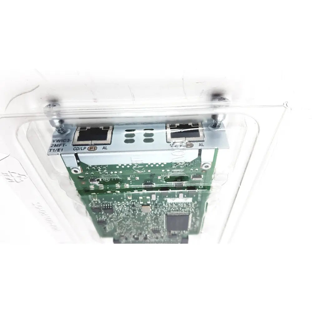 Clear plastic housing with green circuit board and two ethernet ports in altera stratix ii cisco vwic3 module