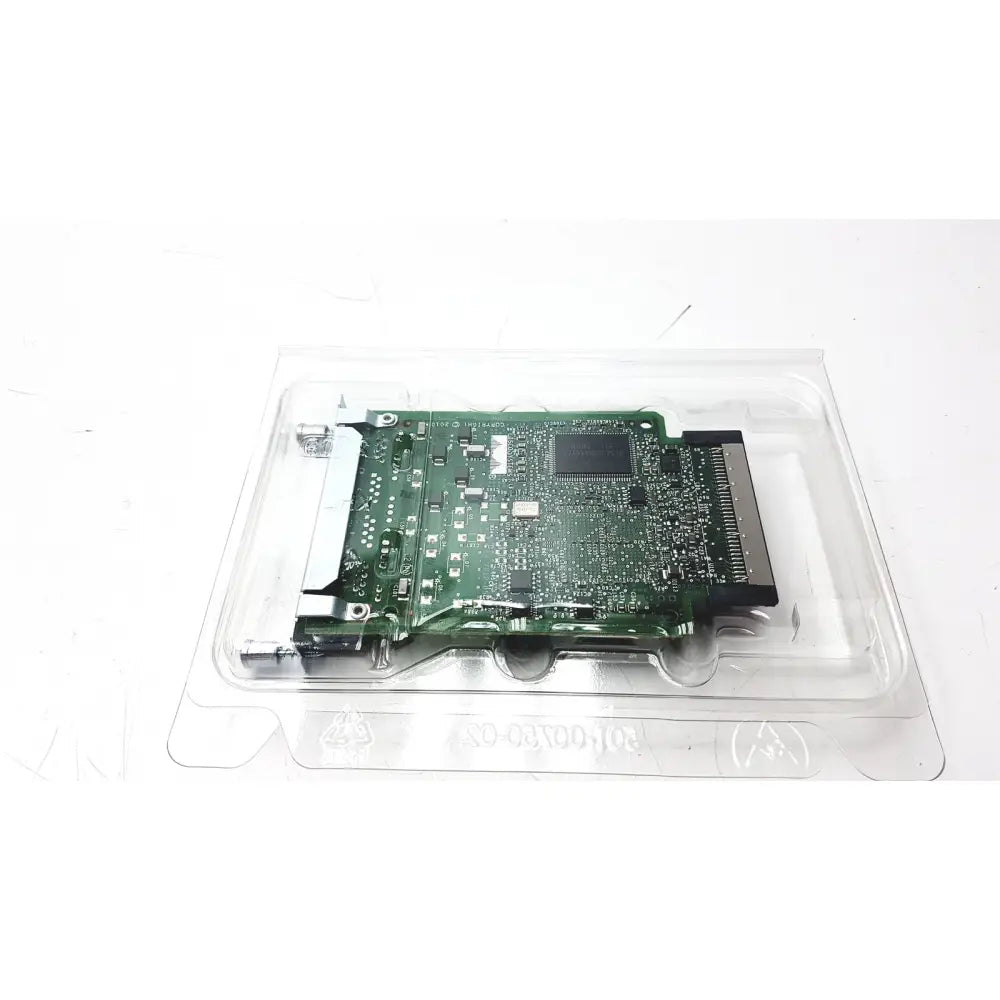 Green circuit board with black components and metallic connector encased in clear plastic packaging for altera stratix ii cisco vwic3 module