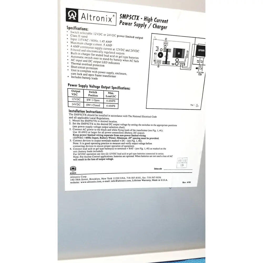 Altronix smp5ctx high current power supply and charger with black plastic casing and silver metal terminals for 12vdc or 24vdc output