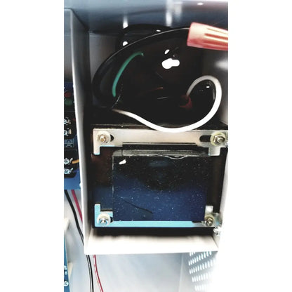 Black altronix smp5ctx high current power supply charger with silver brackets and green white wiring visible from back side