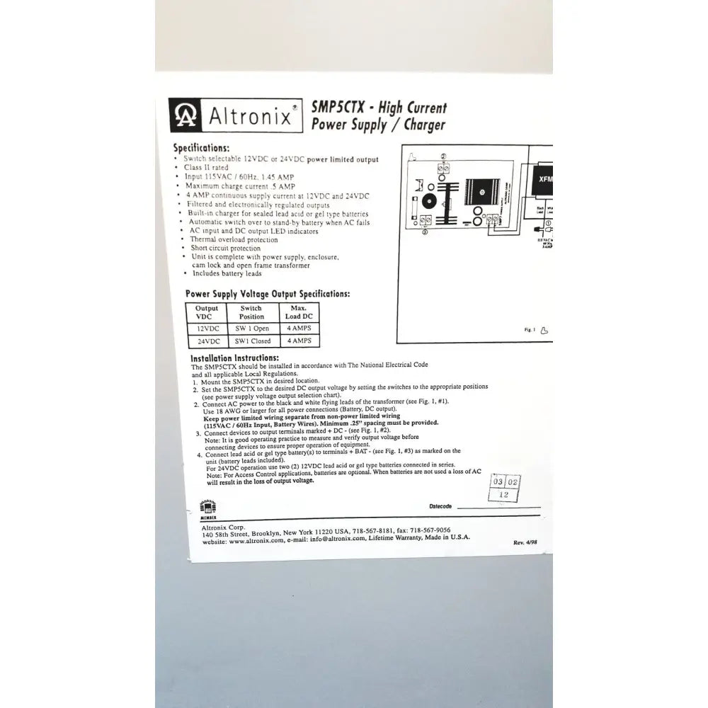 Altronix smp5ctx high current power supply and charger with switch selectable 12vdc or 24vdc output and built-in charger